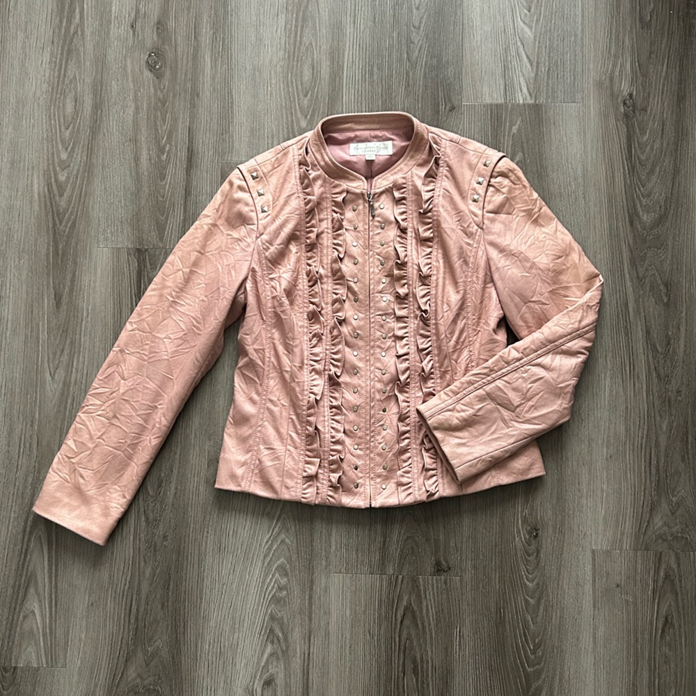 Conrad C Elegant Pink Ruffled Bomber Jacket